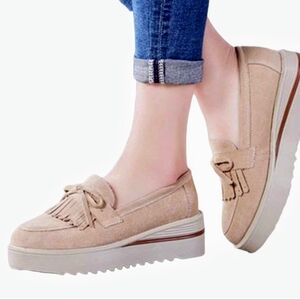 CYBLING Beige Bow Tassel Platform Wide Width Slip On Suede Walking Loafers